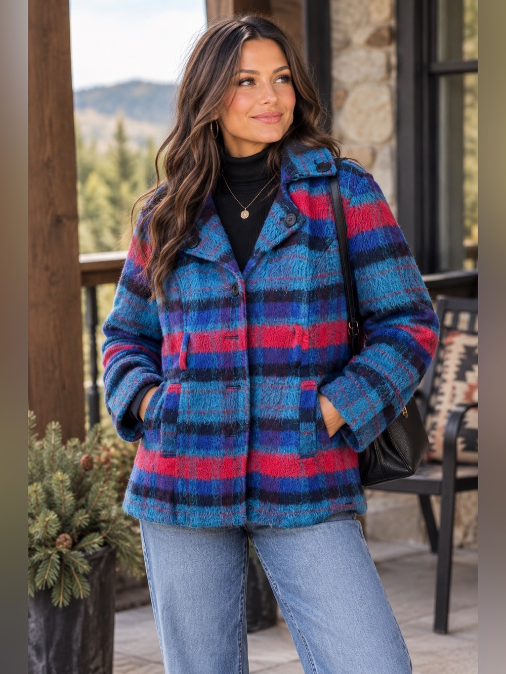 BKE Plaid Peacoat in Teal, Red & Blue